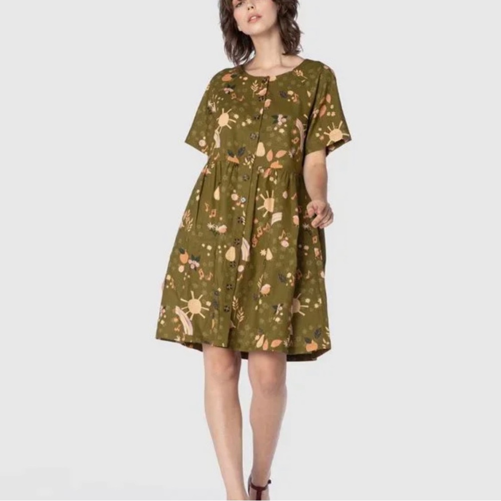 Modcloth Princess Highway Sunshine is a Song Babydoll Dress Green Linen 14US